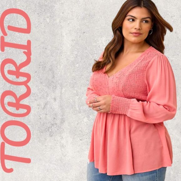 torrid Tops - PRICE FIRM! Torrid Plus Size Pink LongSleeve Crinkle Gauze Babydoll Top.